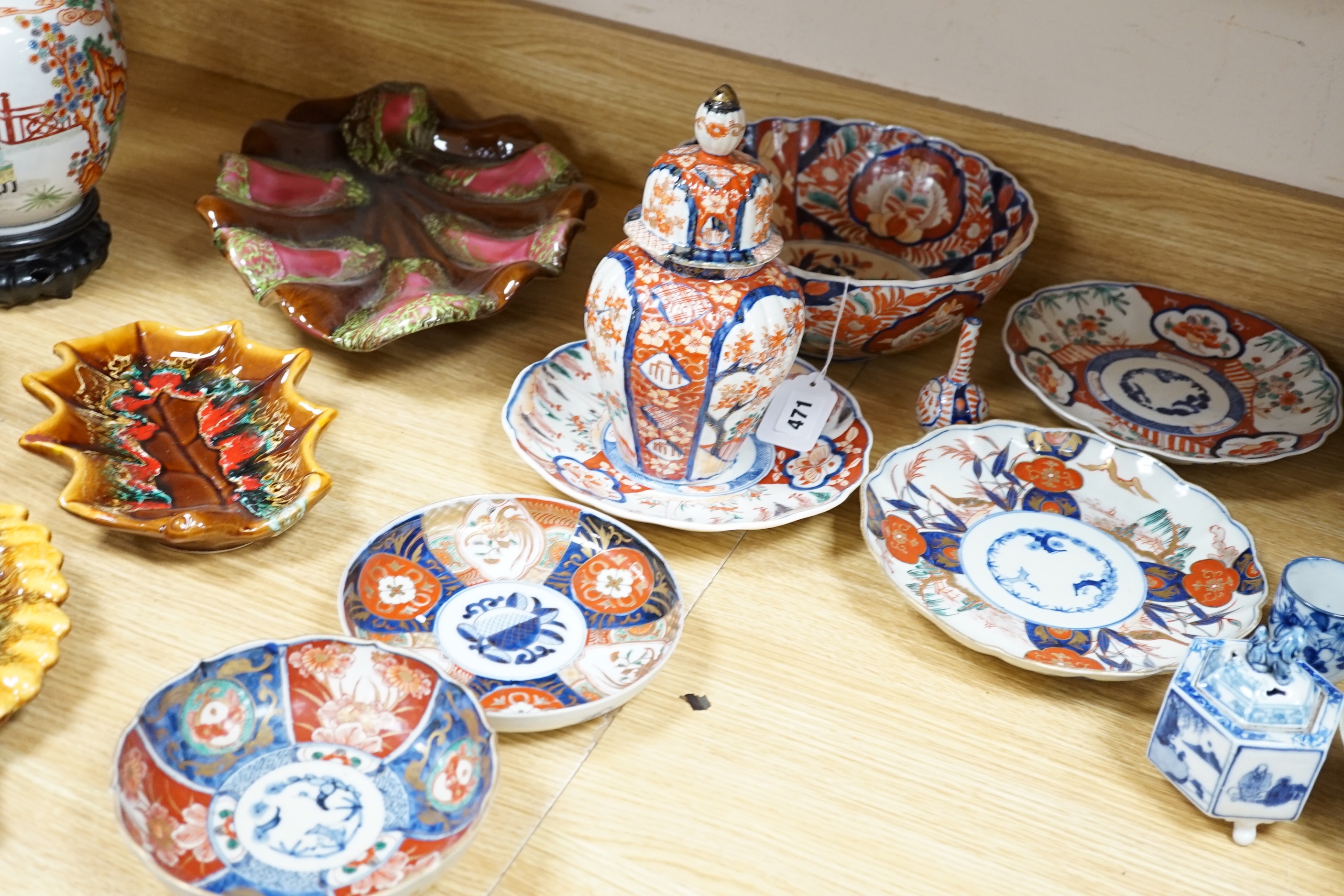 A group of Japanese Imari and other Japanese and Korean ceramics, tallest Imari vase and cover